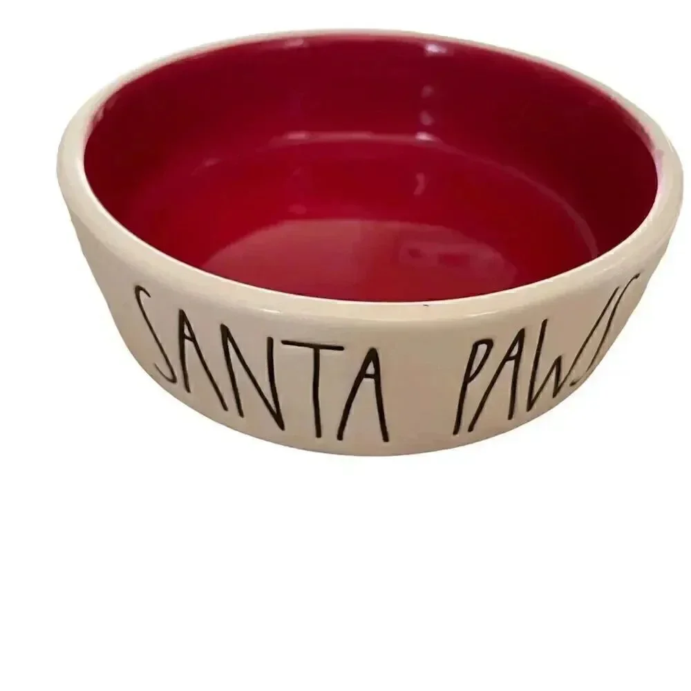 Rae Dunn SANTA PAWS PET Bowl Cat Dog White Small Red CHRISTMAS Ceramic